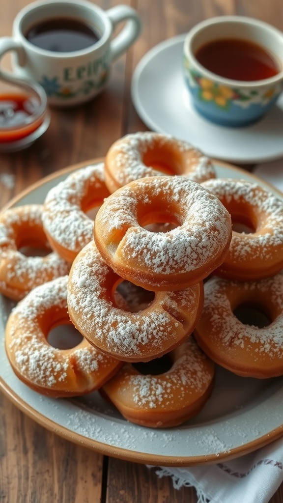 A plate of fluffy yeast doughnuts dusted with powdered sugar, with coffee and glaze in the background.